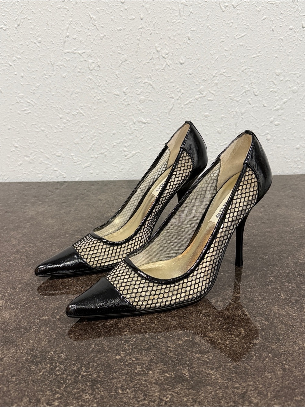Dune Black Fishnet Pointed-Toe Mesh Stiletto Pumps Size 38 Y2K